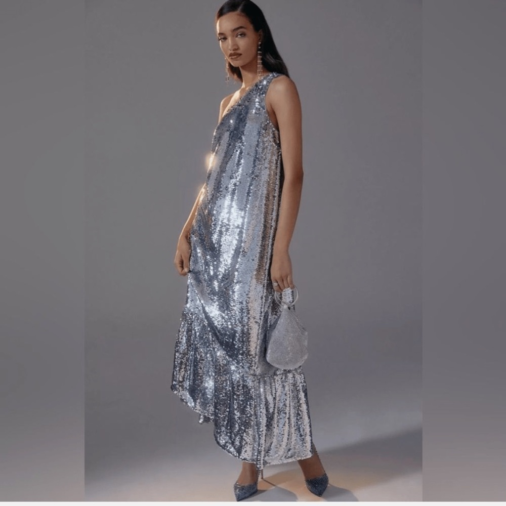 Anthropologie Silver Sequin One-Shoulder Midi Dress - Picture 2 of 8